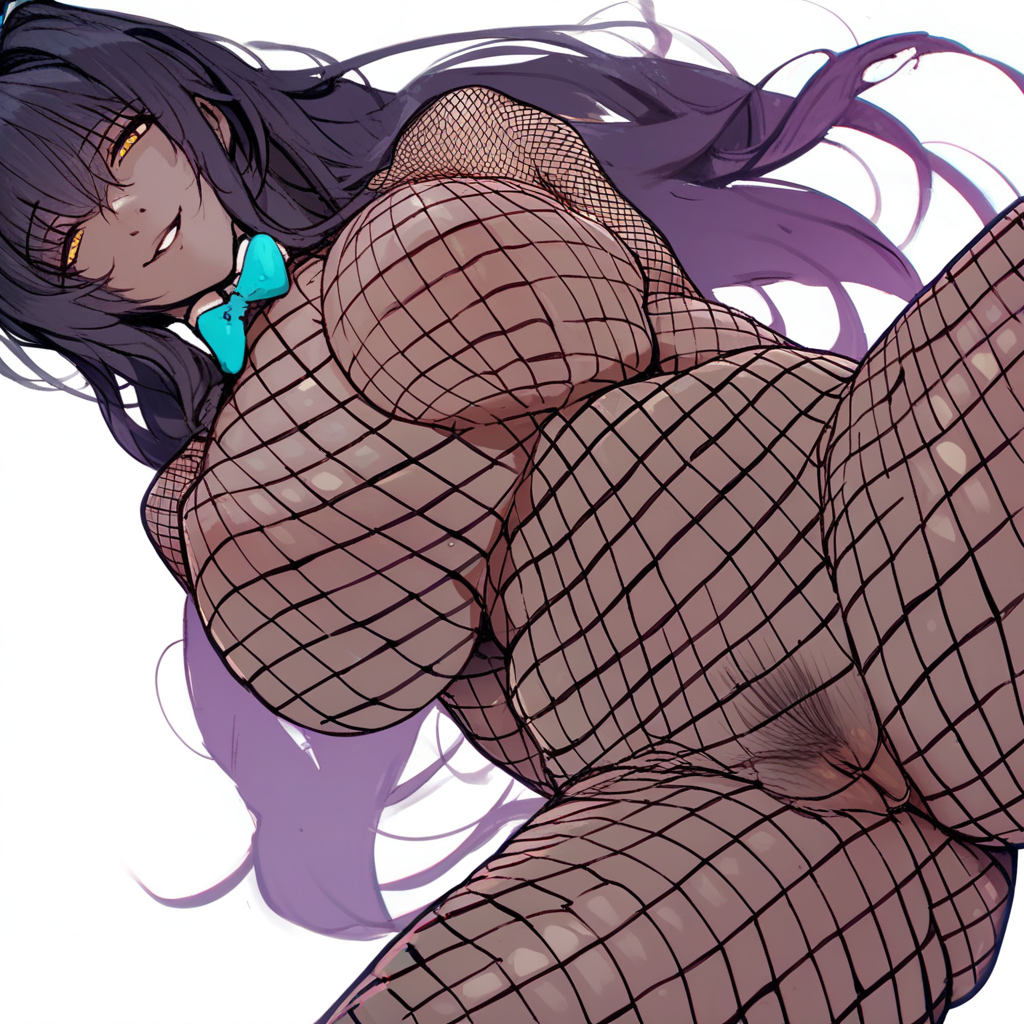 source_anime, score_9,score_8_up,score_7_up,score_6_up, (karin \(bunny\) \(blue archive\):0.9),1girl,breasts,solo,long hair,cleavage,looking at viewer,huge breasts,smile,white background,choker,simple background,hair between eyes,mature female,parted lips,bangs,covered nipples,pussy, pubic hair, female pubic hair, (fishnet_bodysuit:1.3), fishnet_bodysuit,squatting,hand_in_hair,m_legs,pussy focus,arm_behind_head,from_below,uncensored,