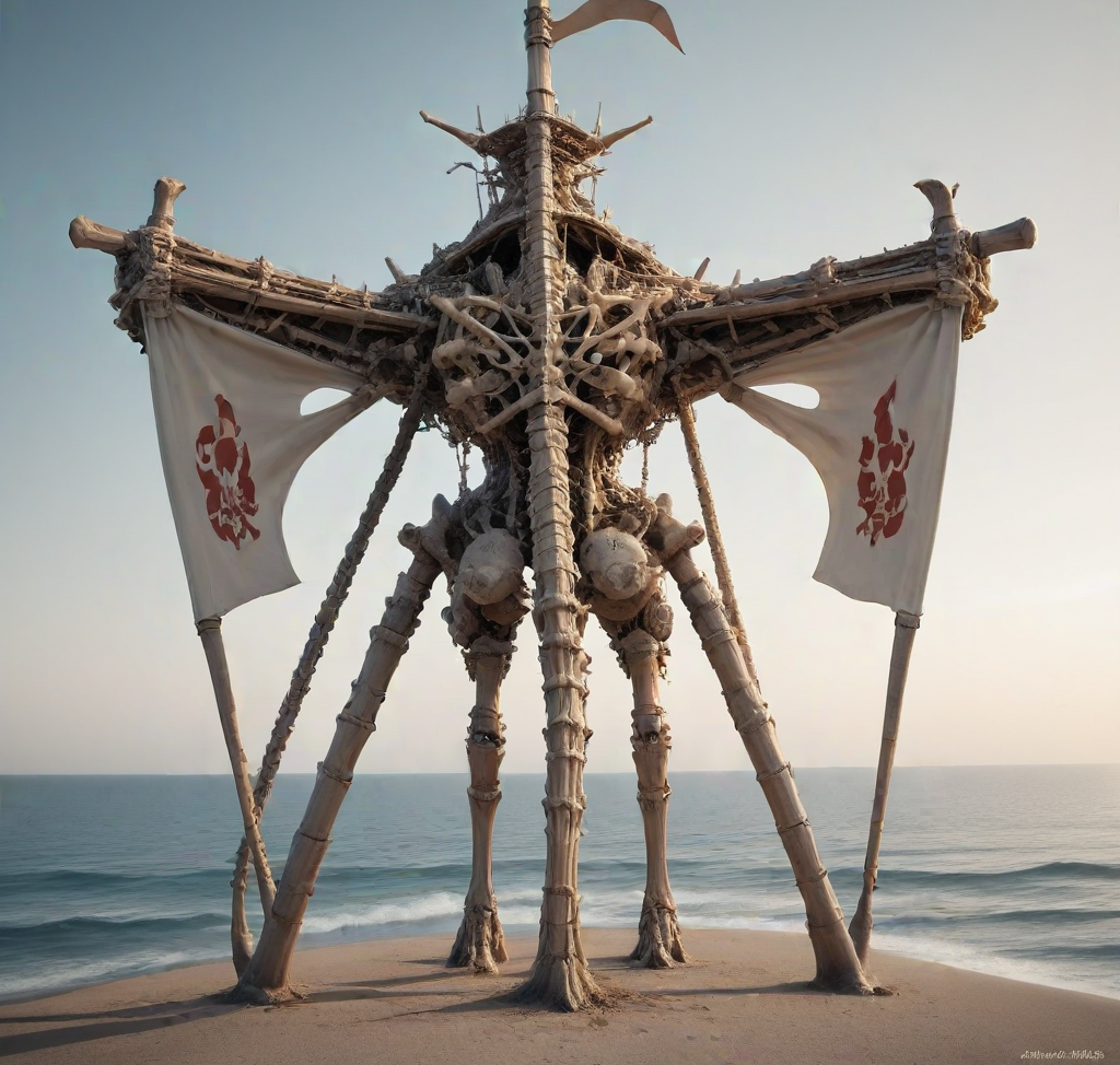 score9, score8_up, score_8, masterpiece, best quality, 8k, ultra-realistic,photo  boneswm, day, pirate flag made of bones under sea ship  made of bones   <lora:Bones_World_Morph:0.5> <lora:spo_sdxl_10ep_4k-data_lora_webui> <lora:dmd2_sdxl_4step_lora_fp16> <lora:aesthetic_anime_v1s>