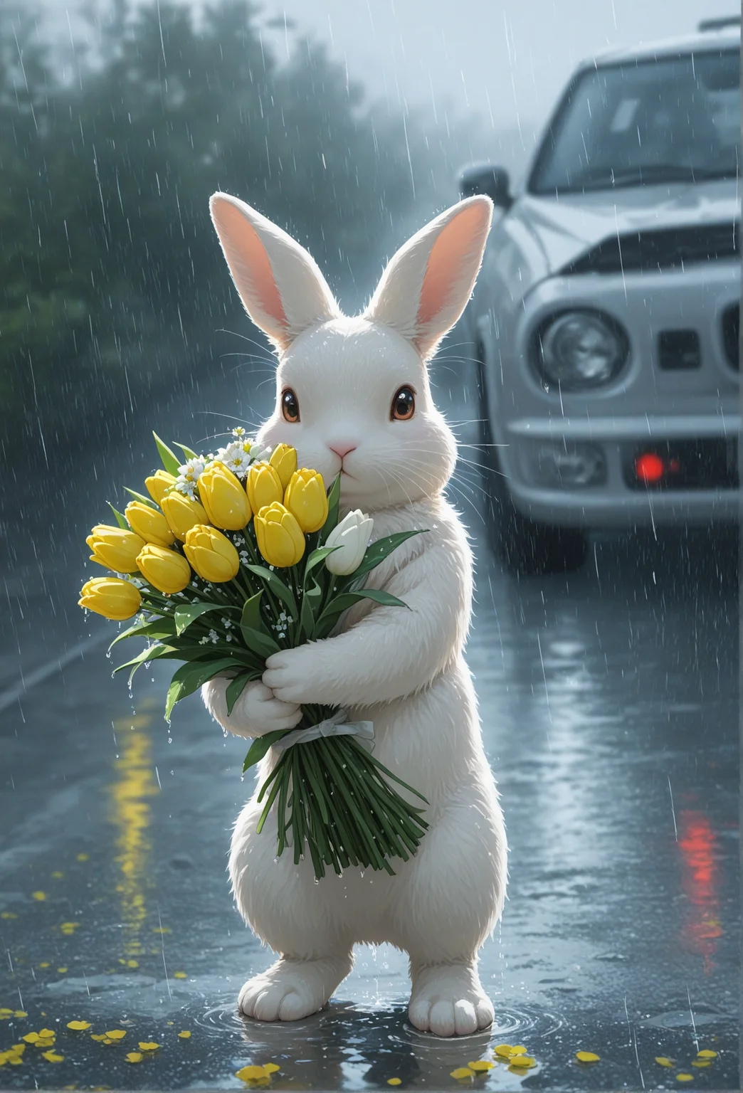 masterpiece, best quality, amazing quality, very aesthetic, perfect eyes, 2boys, boy in background,
,solo, looking_at_viewer, holding, standing, full_body, flower, outdoors, blurry, no_humans, blurry_background, depth_of_field, white_flower, motor_vehicle, reflection, rain, yellow_flower, rabbit, bouquet, holding_flower, car, road, animal_focus, holding_bouquet, whiskers, puddle, tulip,A photograph of a cute brown rabbit standing on a wet pavement, holding a bouquet of colorful tulips. The background is blurred, with a car parked on the right side of the image. The rain is pouring down heavily, creating a hazy atmosphere. The rabbit has large ears and a small nose. The colors of the tulips are vibrant, with shades of pink, yellow, and white. The image has a soft, dreamy quality.
