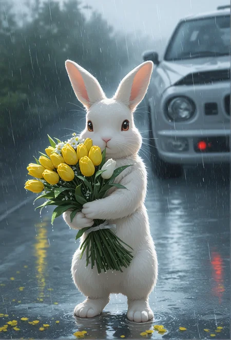 masterpiece, best quality, amazing quality, very aesthetic, perfect eyes, 2boys, boy in background,
,solo, looking_at_viewer, holding, standing, full_body, flower, outdoors, blurry, no_humans, blurry_background, depth_of_field, white_flower, motor_vehicle, reflection, rain, yellow_flower, rabbit, bouquet, holding_flower, car, road, animal_focus, holding_bouquet, whiskers, puddle, tulip,A photograph of a cute brown rabbit standing on a wet pavement, holding a bouquet of colorful tulips. The background is blurred, with a car parked on the right side of the image. The rain is pouring down heavily, creating a hazy atmosphere. The rabbit has large ears and a small nose. The colors of the tulips are vibrant, with shades of pink, yellow, and white. The image has a soft, dreamy quality.