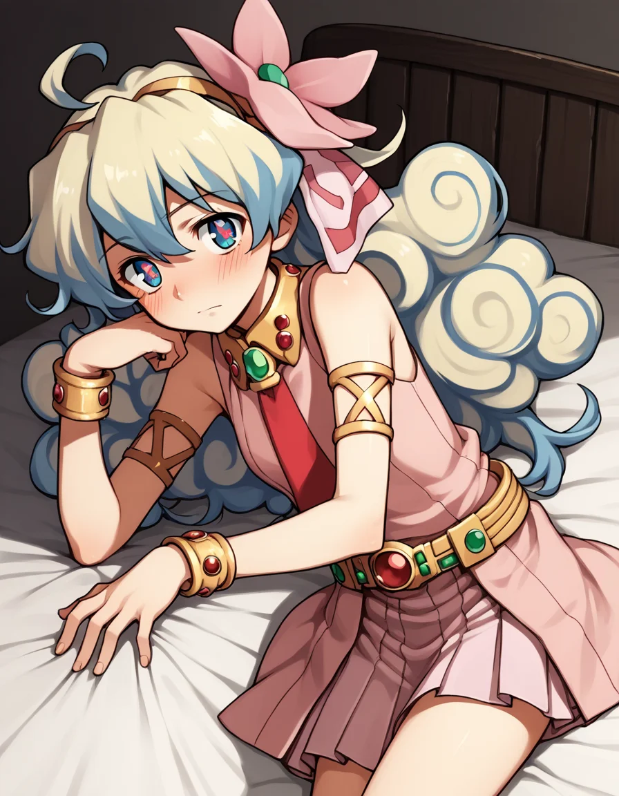 score_9, score_8_up, score_7_up, source_anime,
niateppelin, <lora:nia-teppelin-ponyxl-lora-nochekaiser:1>,
nia teppelin, cross-shaped pupils, hair flower, hair ornament, long hair, multicolored hair, simple background, symbol-shaped pupils, two-tone hair, ahoge, curly hair,
armlet, bracelet, dress, pink skirt, skirt, sleeveless,
indoors, bed, bed room, on side, blush, drunk,
looking at viewer, solo, cowboy shot, dutch angle,