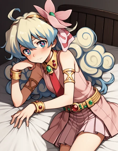 score_9, score_8_up, score_7_up, source_anime,
niateppelin, <lora:nia-teppelin-ponyxl-lora-nochekaiser:1>,
nia teppelin, cross-shaped pupils, hair flower, hair ornament, long hair, multicolored hair, simple background, symbol-shaped pupils, two-tone hair, ahoge, curly hair,
armlet, bracelet, dress, pink skirt, skirt, sleeveless,
indoors, bed, bed room, on side, blush, drunk,
looking at viewer, solo, cowboy shot, dutch angle,