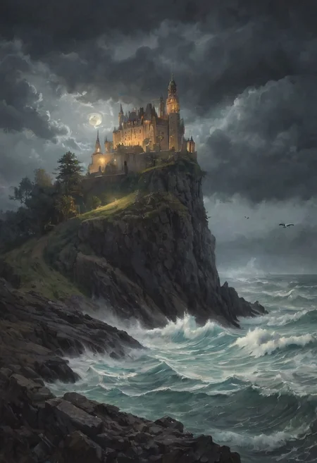 On a rugged cliffside overlooking a vast, tumultuous ocean, a grand castle stands ominously under a dark, stormy sky. The full moon struggles to pierce through the thick, swirling clouds, casting eerie, fragmented beams of light over the scene. Shadows envelop the castle's towering spires and stone walls, giving it a foreboding and mysterious aura. A large banner adorned with a regal emblem flies from the highest tower, fluttering violently in the fierce night breeze. Below, the relentless waves crash against the rocky base of the cliff, sending sprays of saltwater into the air. Seagulls, barely visible against the darkened sky, circle and cry out, adding to the wild, untamed atmosphere of the stormy night.
romantic impressionism, dream scenery art, beautiful oil matte painting, romantic, beautiful digital painting, anime landscape, romantic painting, dreamlike digital painting, colorful painting, thick brushstrokes characteristic, rough stroke, beautiful gorgeous digital art, style of greg rutkowski, thomas kinkade, janek sedlar, jenny saville