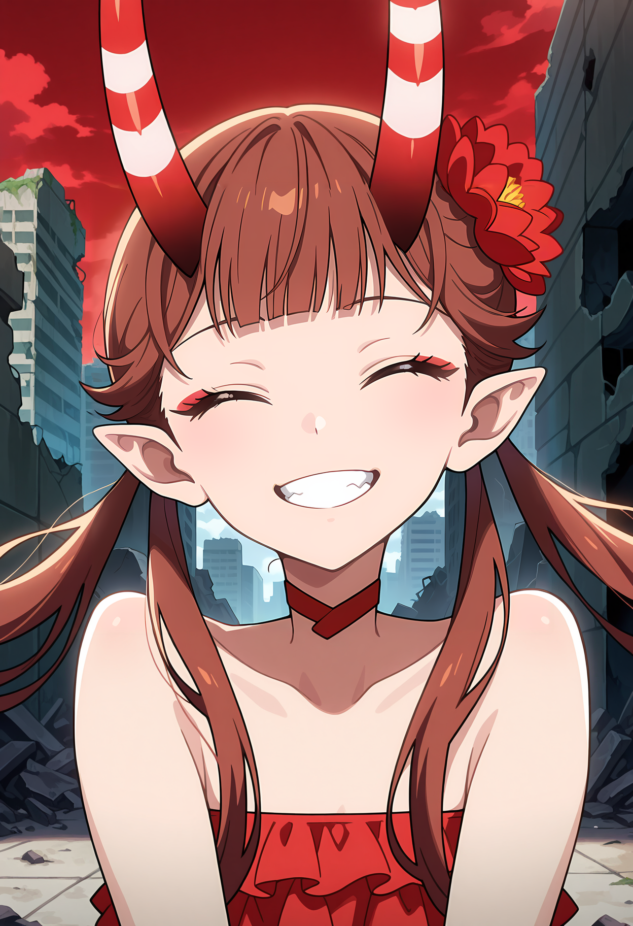anime screencap, masterpiece, best quality,
<lora:C-Control_Mashu_IlluXL:0.9>,
1girl, solo, open mouth, grin, teeth,
twintails, brown hair, blunt bangs, closed eyes, pointy ears, horns, hair flower,
MashuC, red choker, strapless, red tube top, frills, red gloves,
looking at viewer, portrait,
outdoors, tiles, city, ruins, red sky, cloudy sky