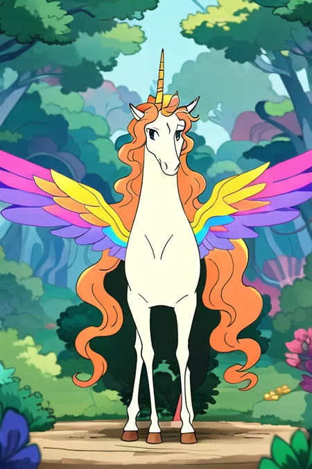 a unicorn with a rainbow wings and long orange hair, standing near a forest