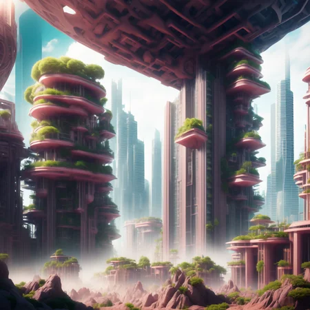 (coralcity style:1) plants growing, buildings, futuristic city <lora:djzCoralCityV21:0.8>