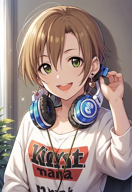 score_9, score_8_up, score_7_up, source_anime, kimura natsuki, short hair, brown hair, green eyes, 1girl, solo, jewelry, headphones, earrings, headphones around neck, smile, open mouth, looking at viewer, clothes writing
