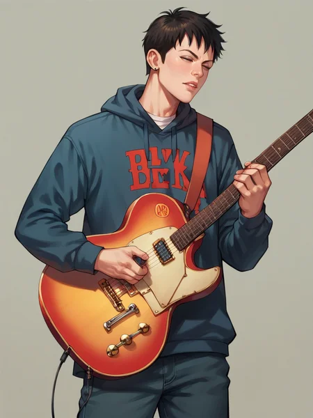 score_9, score_8_up, score_7_up, score_6_up, score_5_up, <lora:b3ckXLP:1> b3ck, 1boy, guitar