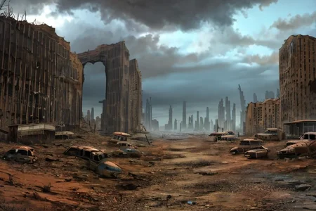 No humans, dark fantasy sci-fi horror post-apocalyptic landscape, super hyperrealistic in 8K in ultra HD,desolate urban ruins, wastelands