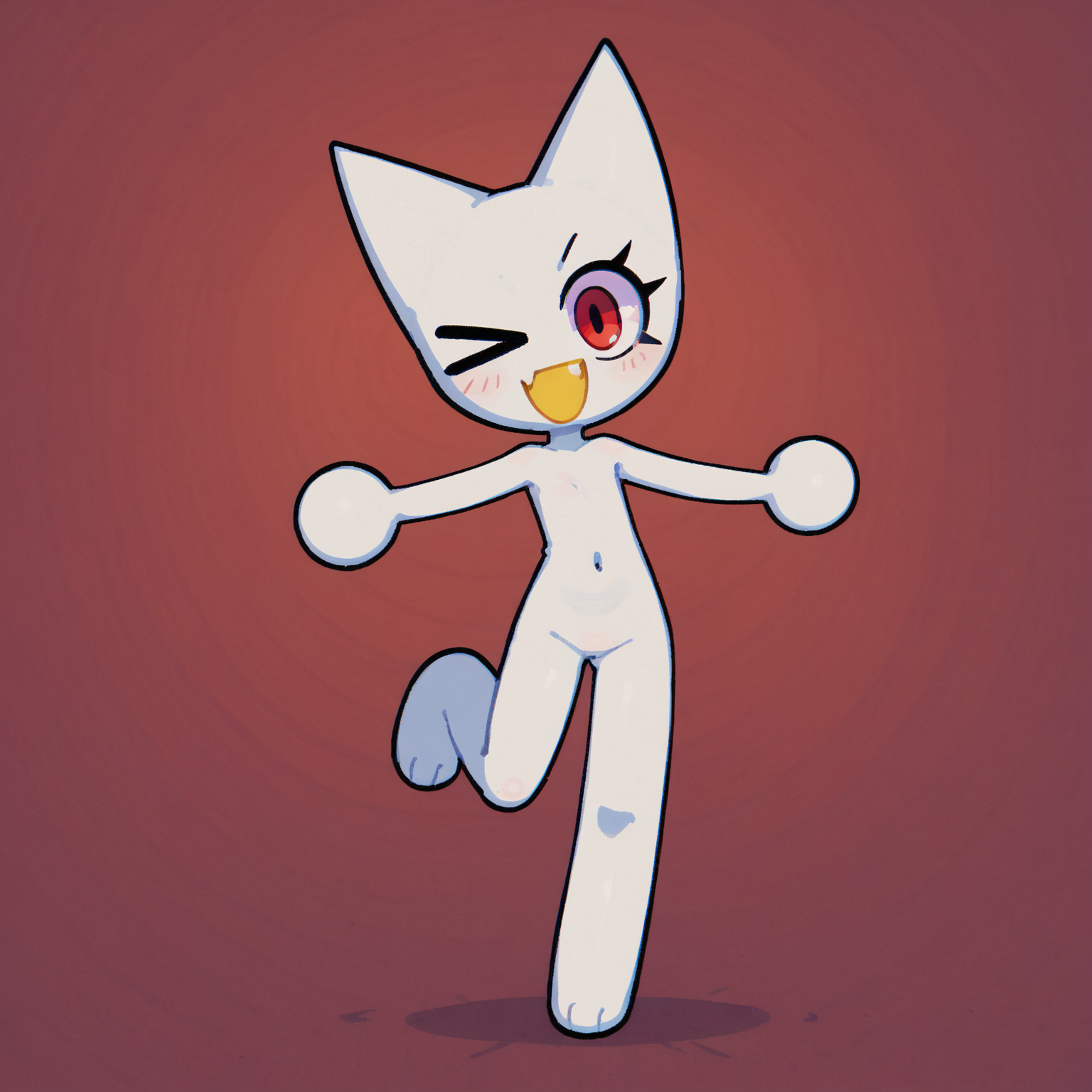 score_9, score_8_up <lora:Token_Femtanyl:0.8> femtanyl, white body, red eyes, yellow mouth, female, solo, standing, looking at viewer, arms outstretched, leg up, cute fang, wink