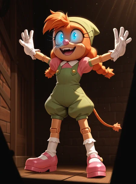 lazypos, 1girl, solo,
<lora:Belle:0.9> belle the tinkerer, green headwear, puffy short sleeves, pink shirt, green overalls, collared shirt, white gloves, mary janes, pink footwear, white socks, frilled socks, overall shorts,
standing, arms spread wide, infectious smile, glowing eyes, happy spirit