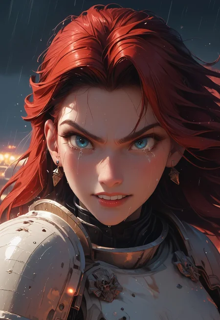 1girl, solo, 24 year old woman, large build, running:1.4, beautiful, long hair, dark red hair, freckles:1.4, face uplifted:1.6, looking up, looking at the sky, earrings, (fierce) grin:1.5, crying:1.5, teeth clenched:1.4, angry smile:1.5, wide hips, knight armor:1.5, heavy armor, gauntlets, greaves, bright blue eyes, rain falling on her face:1.5, tan skin, tears on chin, tears on cheeks, action pose:1.3,

dusk, after battle, muddy field, some grass, fallen soldiers around her:1.4, storming, dark gray sky, dark sky:1.4, streaming banners, battlefield, intense rain:1.3, dreary, raining, overcast, mountains and hills in the background,

score_9, score_8_up, score_8, masterpiece, best quality, official art, extremely detailed, CG unity 8k wallpaper, absurdres, high definition, photorealism:1.5, detailed shading, high contrast, ambient occlusion, vivid colors:1.5, saturated colors:1.6, 

dynamic angle:1.3, cowboy shot:1.6, cinematic,

expressiveh, whites40k, tears, 