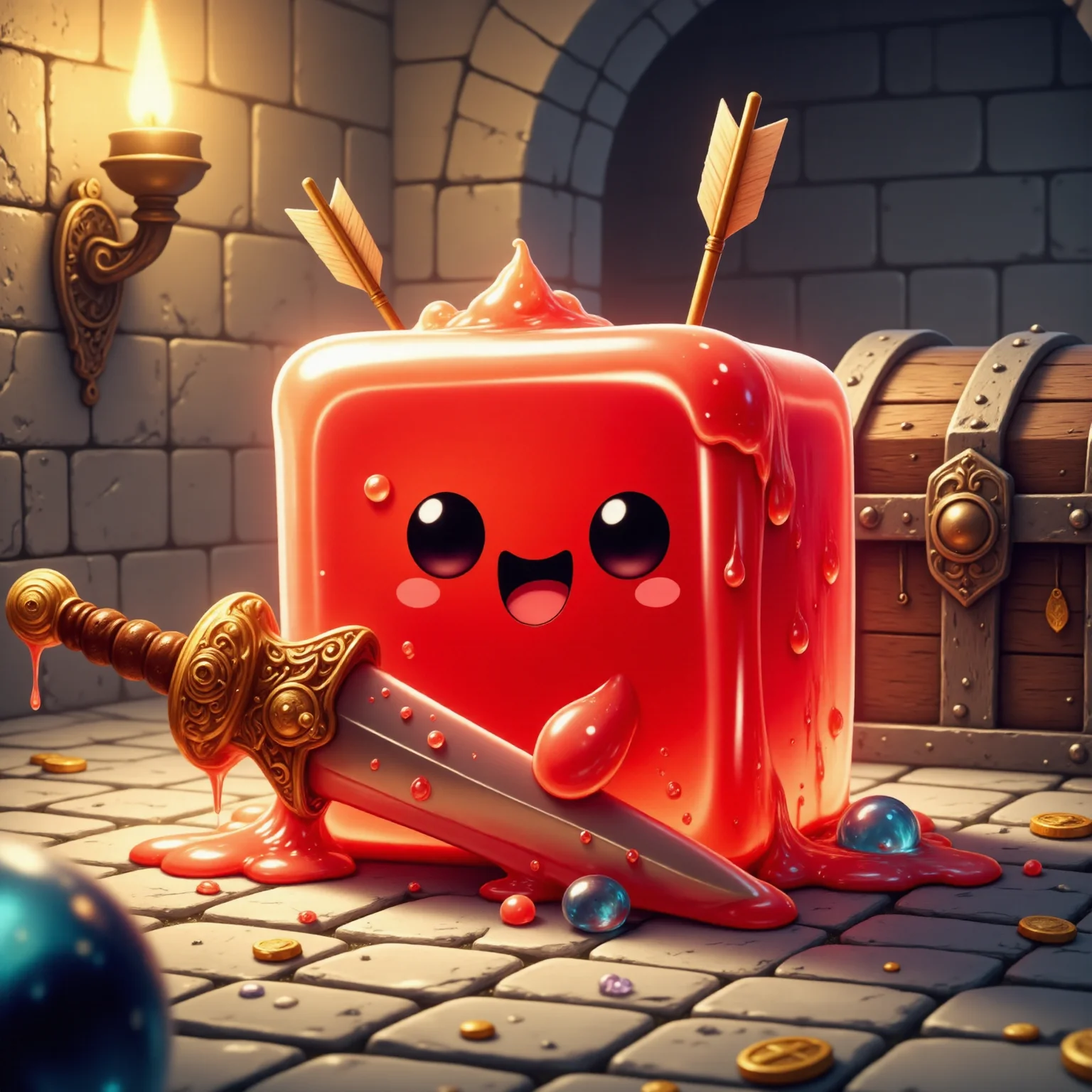 famous artwork, highly detailed anime-style image of an incredibly cute, adorable, perfectly square translucent crimson red gelatinous cube with a blissfully happy expression, ð, ^_^, the gooey little cube has a glossy sheen and tiny bubbles are encased within it, three arrows are lodged in its side and it holds a huge gleaming detiled ornate greatsword with a gooey appendage, the long sword is way too big for the perfect little cube, adding to its charmingly comical appearance, the cobblestone ground is filled with luxurious jewelry, gems and gold coins, the background is a classic medieval dungeon with stone walls and treasure chests and an iron wall-mounted torch, soft and warm lighting gives the scene a cozy atmosphere, the overall tone is lighthearted and whimsical, highly detailed background, <lora:gelatinous_cube-flux-by_oneviolentgentleman:0.8>
