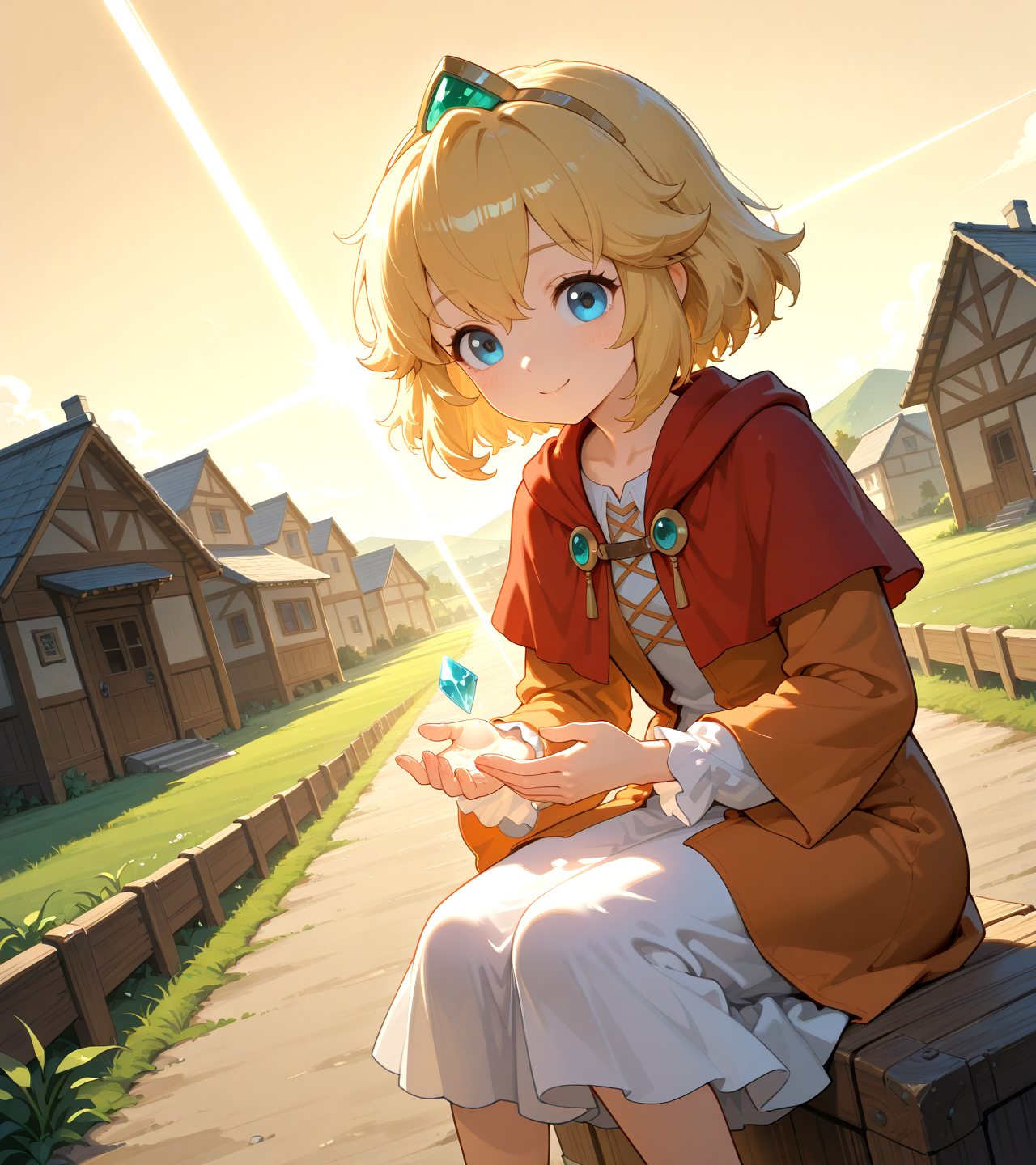 PonyScores7, source_anime, ah, 1IllustriousQual,
BREAK <lora:guardian_tales_princesa:0.8> princesita, 1girl, smile, blue eyes, blonde hair, long sleeves, dress, ((she raises her hand, and a cascade of shimmering, crystalline shards erupts from her palm, each one a miniature sun, radiating a blinding light that illuminates the surrounding area, The shards dance and spin, a mesmerizing ballet of light and energy, before coalescing into a single, powerful beam that pierces the sky), (an Amish village, with plain wooden houses, dirt roads, small community spaces, simple decor)), looking at viewer, cute, adorable, charming,
BREAK <lora:xl_more_art-full_v1:0.2>, <lora:shinyskin2:0.2> glistening skin, <lora:aesthetic_anime_v1s:0.2>, <lora:Expressive_H:0.2> Expressiveh, <lora:hairdetailpxl:0.2> hairdetailpxl, <lora:EpicF4nta5yXL:0.2>, <lora:detailxl:0.2> detailxl, <lora:Fant5yP0ny:0.2>, best quality, amazing quality, best aesthetic, absurdres, <lora:expressive eyes:0.2> expressive eyes, <lora:eyedetailpxl:0.2> eyedetailpxl, illustration, Volumetric_Lighting, ultra-detailed, very aesthetic, intricate details, 8k, masterpiece, best_quality
BREAK (Dutch Angle view Extreme Close shot, focus on knees), (zoom out:1.5)
BREAK <lora:Eyes_High_Definition:0.3> EyesHD, Stable_Yogis_PDXL_Positives, <lora:Complicated fantasy portrait - XL Pony V2.0:0.4>, bad-hands-5, <lora:HDA_Detailer:0.2>