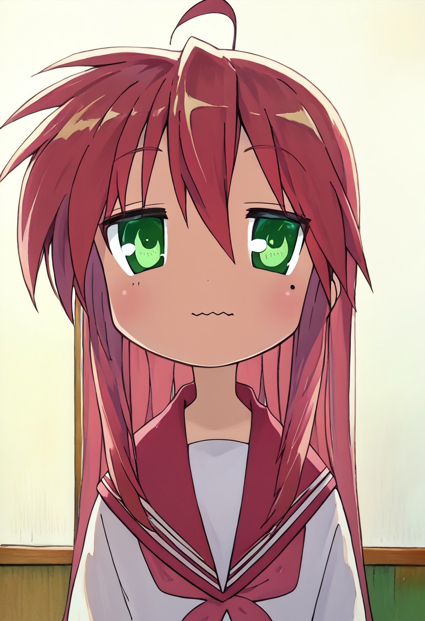 score_9, score_8_up, score_7_up, score_6_up,source_anime, masterpiece, ultra-detailed, highres, 4k, best quality, painterly, faux traditional media, Moe art style, Kyoani art style, outstanding, countershading, detailed soft lighting, backlighting, close up shot, dutch angle, BREAK, 1girl, Konata Izumi, 1girl, solo, long hair, ahoge, green eyes, mole, serafuku, red skirt, red sailor collar, shoes, brown tighhighs, indoors, classroom, o_o, wavy mouth, mouth closed, panicked, dim lighting
