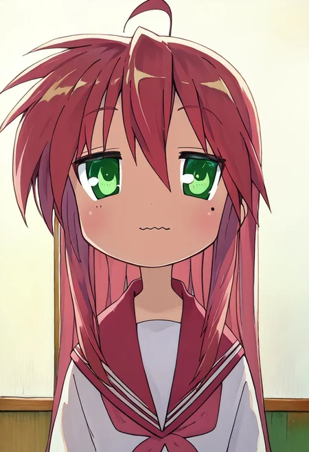 score_9, score_8_up, score_7_up, score_6_up,source_anime, masterpiece, ultra-detailed, highres, 4k, best quality, painterly, faux traditional media, Moe art style, Kyoani art style, outstanding, countershading, detailed soft lighting, backlighting, close up shot, dutch angle, BREAK, 1girl, Konata Izumi, 1girl, solo, long hair, ahoge, green eyes, mole, serafuku, red skirt, red sailor collar, shoes, brown tighhighs, indoors, classroom, o_o, wavy mouth, mouth closed, panicked, dim lighting