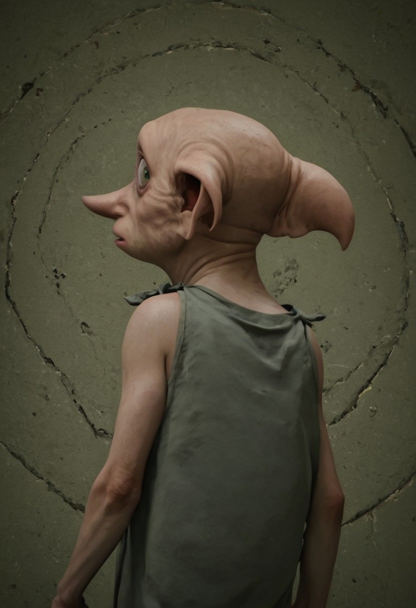 dobby_free, 1male, short, bald, large green eyes, long nose, long pointed ears, pale skin, sleeveless light grey rags clothes, brown shoes, score_8_up, score_7_up, BREAK, solo, looking at viewer, scared, from behind, head tilt, male focus, looking back, looking at viewer, detailed background, 4k, masterpiece, best quality, highly detailed, realistic, 3d, portrait, cowboy shot,