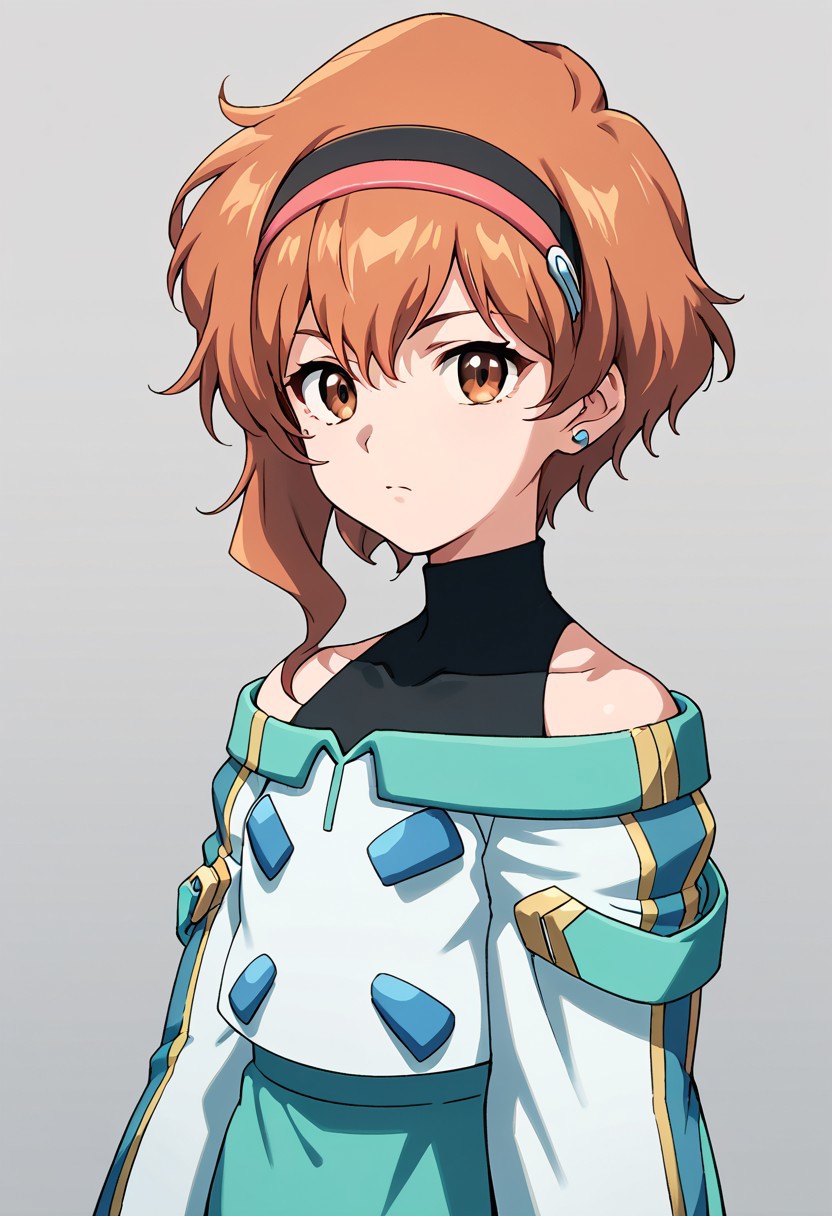 score_9, score_8_up, score_7_up, score_6_up, score_5_up, score_4_up, source_anime ,brown eyes, off shoulder, short hair, orange hair, jewelry, brown hair, earrings, shis mitville, hairbands,
