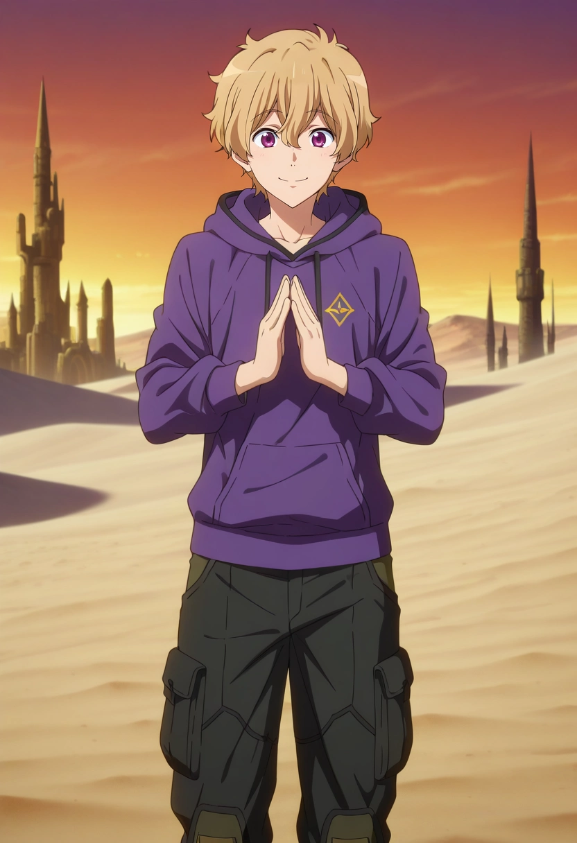 masterpiece, best quality, , anime screencap, anime coloring, official style, , 1boy, solo, male focus, <lora:nagisa_hazuki_ilxl:1>, nagisa_hazuki, blonde hair, purple eyes, desert spire, sand-carved towers, golden mosaics, radiant halls, noble pose, proud expression, midday heat, Convertible cargo pants, Zip-up hoodie, Moccasins, ,