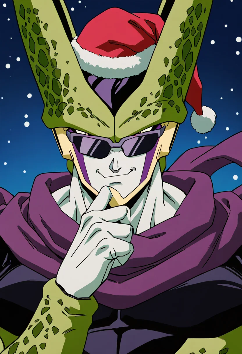 masterpiece, best quality, 1boy, solo, looking at viewer, zzCell, pink eyes, colored skin, green skin, <lora:CellPerfectDB_IXL:1.0>, santa hat, scarf, (sunglasses), smug, upper body,