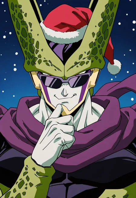 masterpiece, best quality, 1boy, solo, looking at viewer, zzCell, pink eyes, colored skin, green skin, <lora:CellPerfectDB_IXL:1.0>, santa hat, scarf, (sunglasses), smug, upper body,