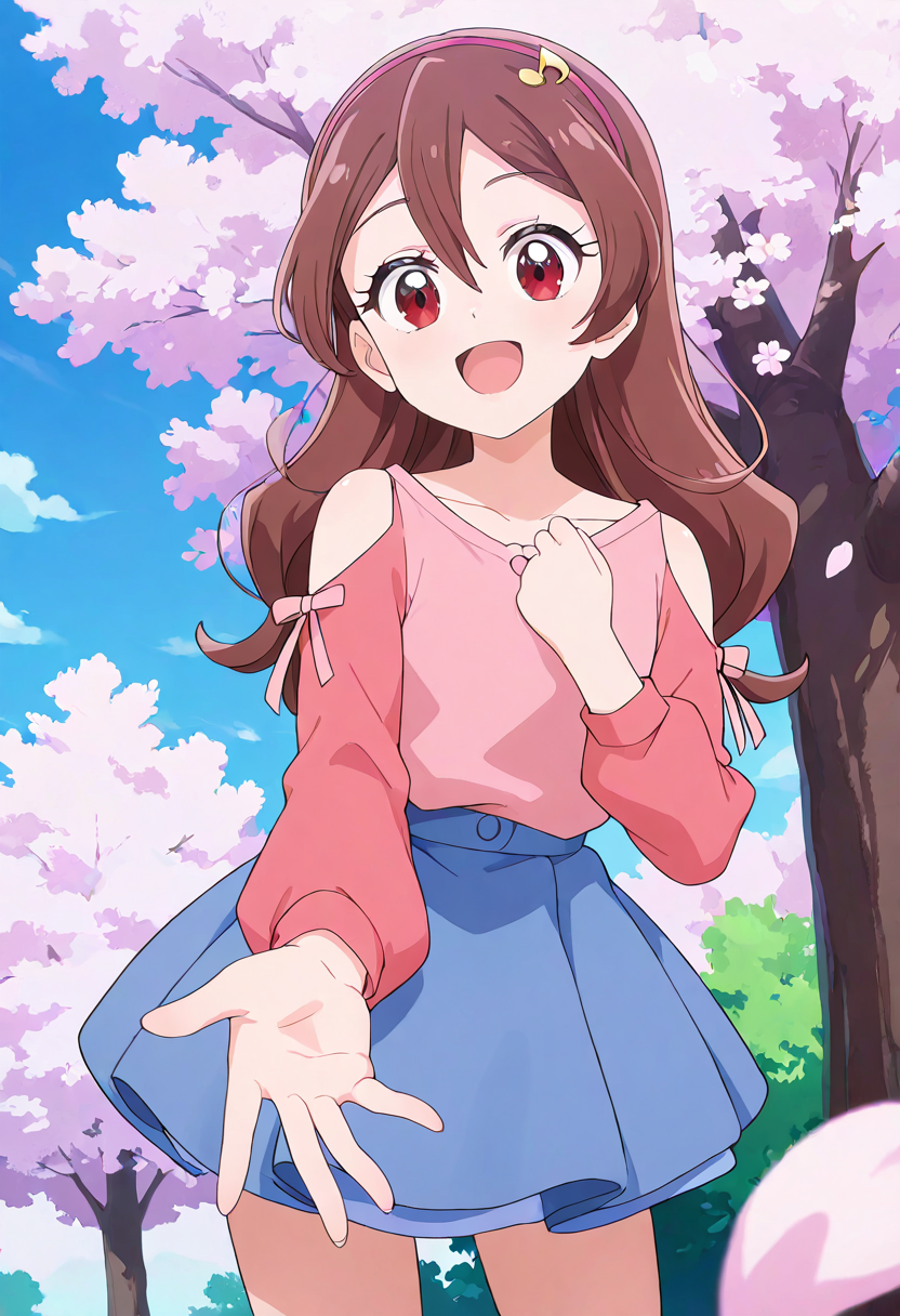 masterpiece, best quality, absurdres, very aesthetic, general,
sakura uta, casual, 1girl, brown hair, smile, solo, long hair, looking at viewer, open mouth, petals, outstretched hand, collarbone, outdoors, pink shirt, eyebrows visible through hair, clothing cutout, shoulder cutout, reaching out, outstretched arm, hair ornament, day, hand on own chest, shiny hair, hair between eyes, clenched hand, eyelashes, blue sky, pink hairband, red eyes, musical note hair ornament, tree, bare shoulders, anime coloring, off shoulder, open hand, off-shoulder shirt, brown eyes, cherry blossoms, pink ribbon, happy, pink dress, foreshortening, headband, hand up, hair down, arm ribbon, spread fingers, cloud, detached sleeves, depth of field, reaching towards viewer, reaching, wavy hair, puffy long sleeves, standing, bow, falling petals, singing, blue skirt, pleated skirt, miniskirt, layered skirt, 
<lora:cure_idol_sakura_uta_illustXL_locon_v1:0.8>
