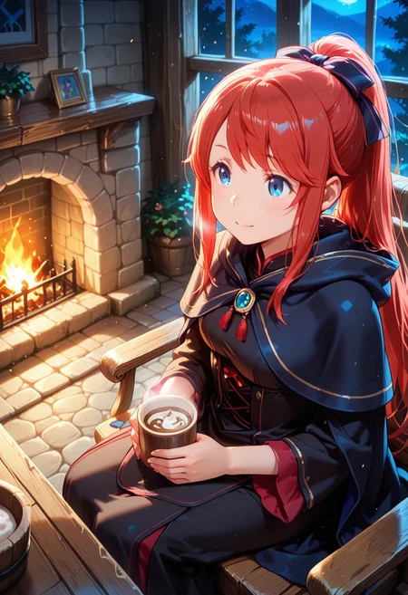 1girl, solo, masterpiece, best quality, newest, absurdres, CG, anime, source anime, illustration, very aesthetic, high resolution, ultra-detailed, newest, scenery, medium depth of field, rule of thirds, masterpiece-level, clean lines, sharp, focused subject, <lora:Theresia_van_Astrea_r1:1>
BREAK 1girl, solo, Theresia_van_Astrea, t_theresia, hair ornament, blue eyes,long hair, ponytail, red hair, bangs
cloak,parody,jewelry, black dress
dynamic pose, sitting, holding cup of hot chocolate, dreamy, happy, looking to side
outdoors, fantasy tavern, cozy, fireplace, oak table, oak chair, night, from above
cinematic angle, various angles, detailed background, beautiful background, (rays light:1.0),(grow:1.0), light particles