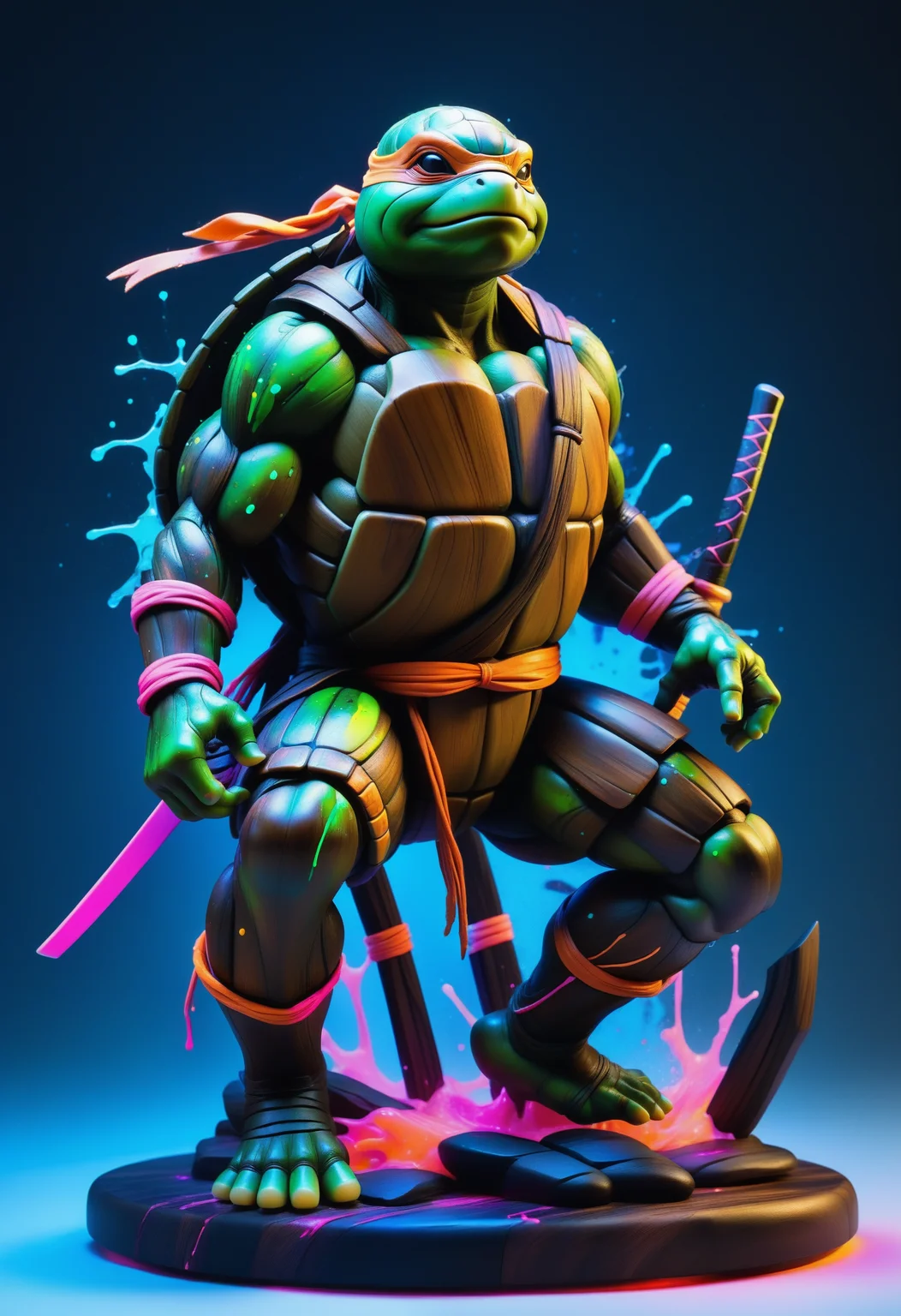 a ninja turtle made out of reij-bnysplsh <lora:ebonysplash-000005:1>,(((masterpiece))) , (((best quality))) , simple background, Simple and clean, Satisfying, Animecore, studio lighting, orange color grading, theatrical, holy, vibrant, atmosphere, luxurious, dynamic dramatic composition digital manipulation, flowing, highly decorated, intense, ambient atmosphere, stunning