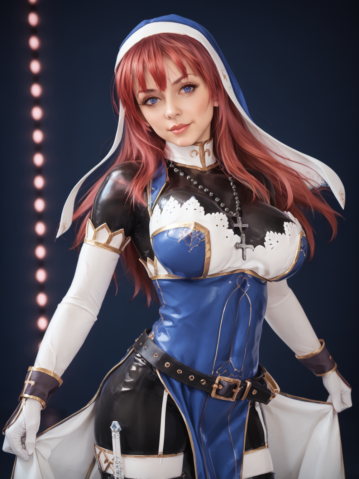 score_9, score_8_up, score_7_up, score_6_up, score_5_up,realistic, BREAK
1girl, battleNun , red hair, blue eyes, red hair , cross necklace, habit,large breasts,  , <lora:battleNunPony:1>, adult, dancing in a neon lit night club, colored lights, dancing