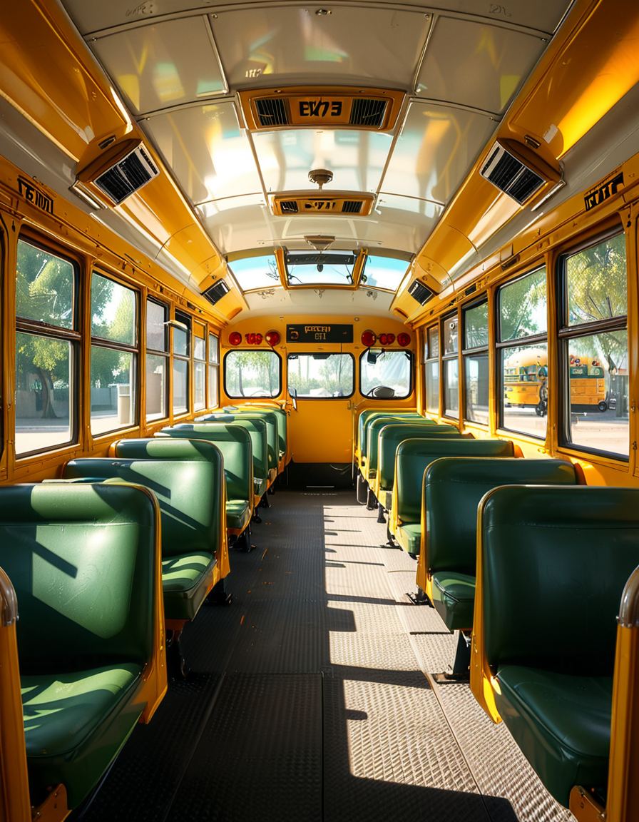 The interior of a classic yellow school bus, captured in a clean and well-maintained state. Long rows of simple green vinyl seats line both sides of a narrow aisle, slightly worn from regular use. The perspective is from the front of the bus, looking toward the back, with a clear view of the seats and the metal handrails on top of each row. Sunlight streams in through the large rectangular windows on both sides, creating soft reflections on the seats and a warm glow inside. The floor is textured black rubber, with faint signs of foot traffic. The atmosphere feels quiet and inviting, with no students present, giving a peaceful and slightly nostalgic vibe. The style is photorealistic, highlighting the details of the seat stitching, window latches, and the subtle reflections of light on surfaces. The background includes the driverâs area partially visible, with the steering wheel and dashboard controls adding to the authenticity.
<lora:SDXLFaeTastic2400:0.4> <lora:extremely_detailed:0.4> extremely detailed, <lora:sch00l_bus:1>,sch00l bus, Masterpiece,best quality,hi res,8k,hi res,8k,award winning,(sharp focus, intricate, highly detailed),
