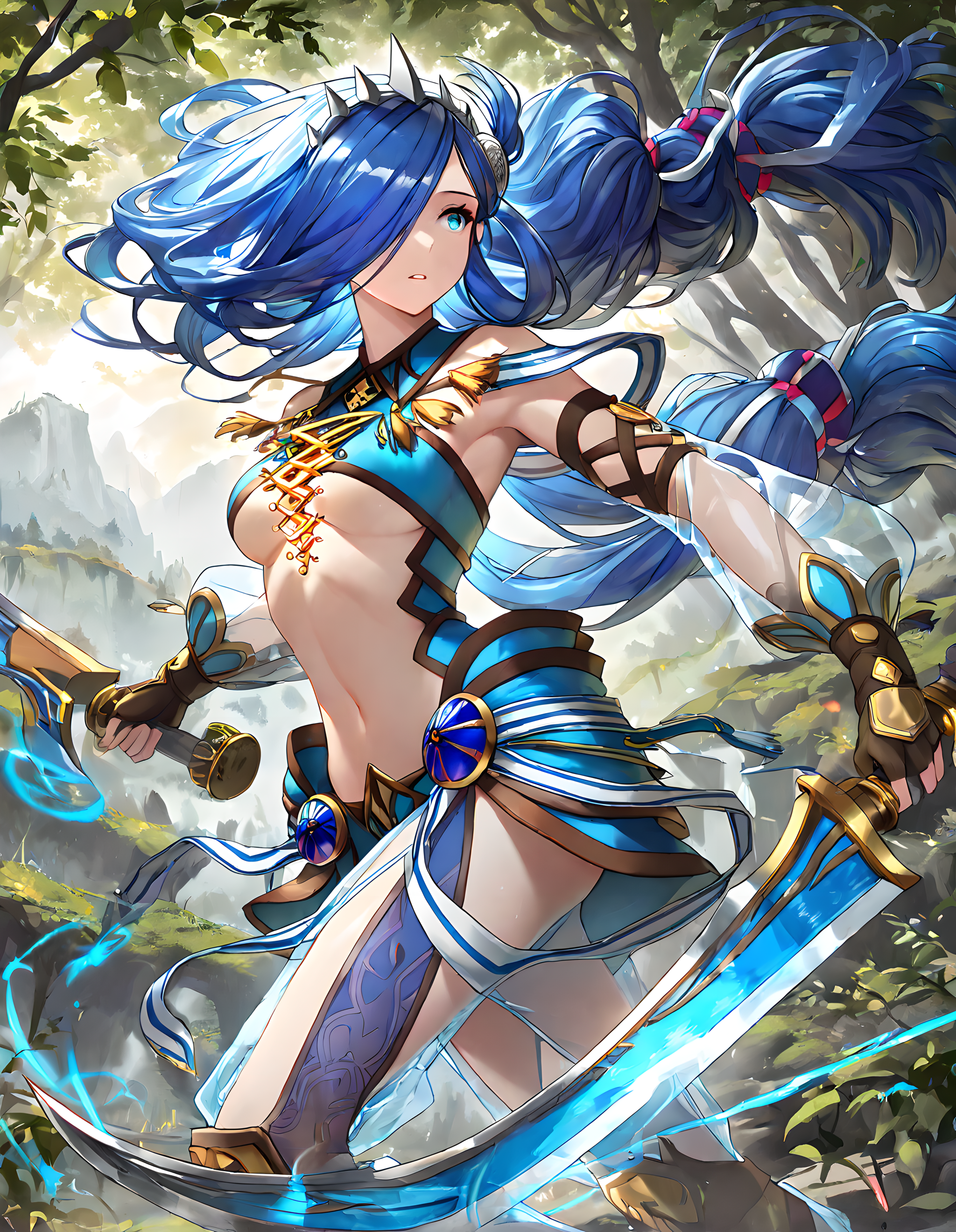 <lora:illustrious_XL_dana_v2:0.8>,dana,masterpiece,best quality,good quality,1girl,solo,midriff,navel,transparent sleeve,fingerless gloves,transparent legwear,hair over one eye,holding weapon,curved blade,dual wielding,nature,remains,magic,fly the ice mass,parted lips,