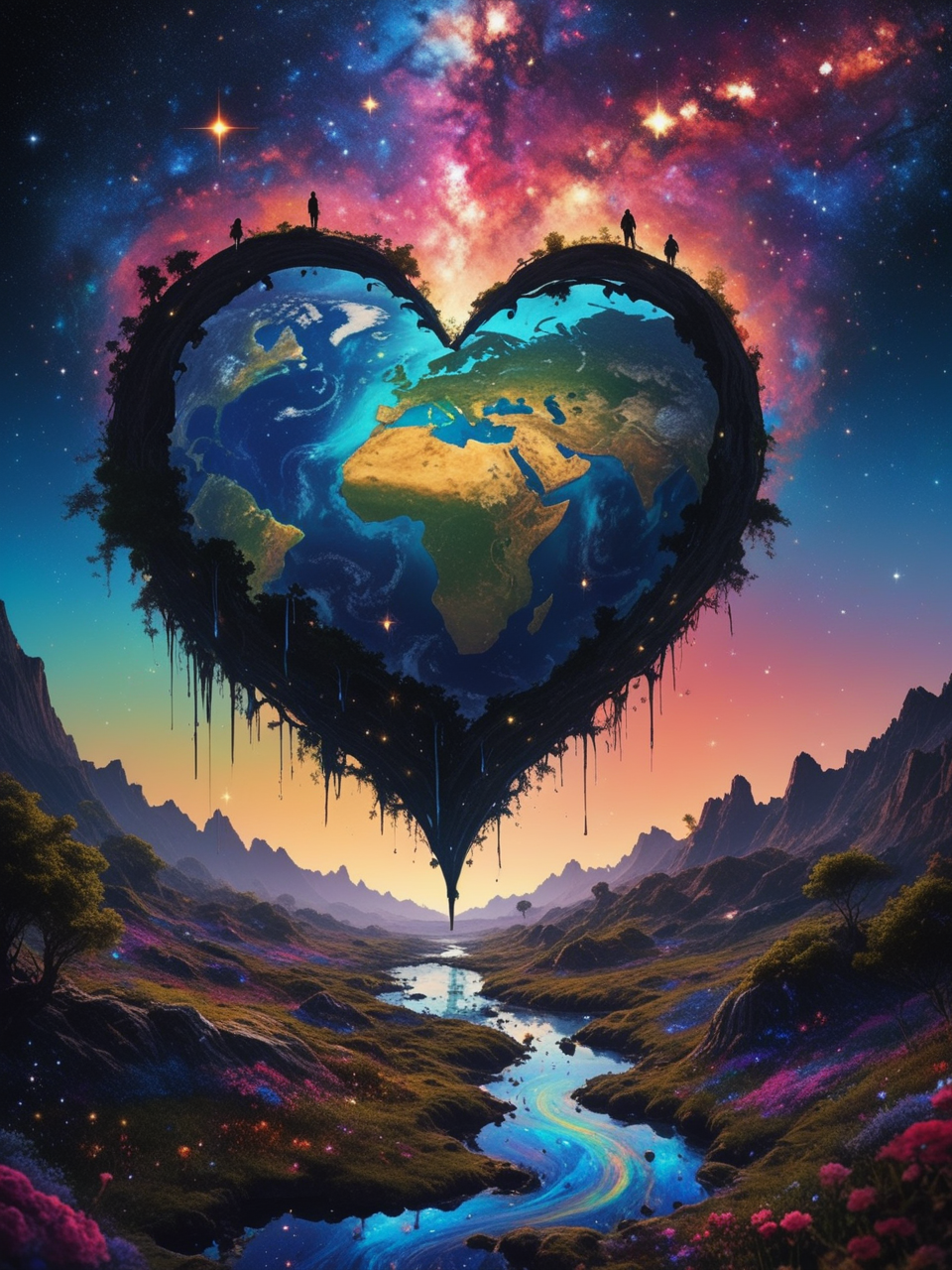 star pathway leading to a heart silhouette made of stars around Earth, planet, 35mm photography, ultra-detailed, psychedelic art, dripping paint, in the style of John Berkey