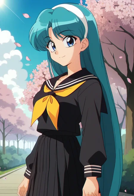 score_9, score_8_up, score_7_up, score_6_up, anime screencap, anime coloring, <lora:JBHL_epoch_10:0.9>, JBHLH, aqua hair, very long hair, blue eyes, white hairband,
black serafuku, black sailor collar, yellow neckerchief, long skirt, black skirt, 
looking at viewer, smile, walking, from side, 
BREAK cherry blossoms, school, sunset, sunlight, sunbeam,