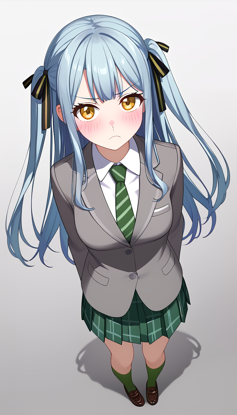 1girl, solo, <lora:togawa_sakiko_PonyXL:1>, togawa sakiko, long hair, blue hair, yellow eyes, black ribbon, hair ribbon, two side up, bangs, full body, looking at viewer, grey background, medium breasts, school uniform, grey jacket, white shirt, green necktie, striped necktie, green skirt, pleated skirt, plaid skirt, green socks, loafers, blazer, frown, standing, arms at sides, from above, anime coloring, gradient background, blush,, best quality, masterpiece,