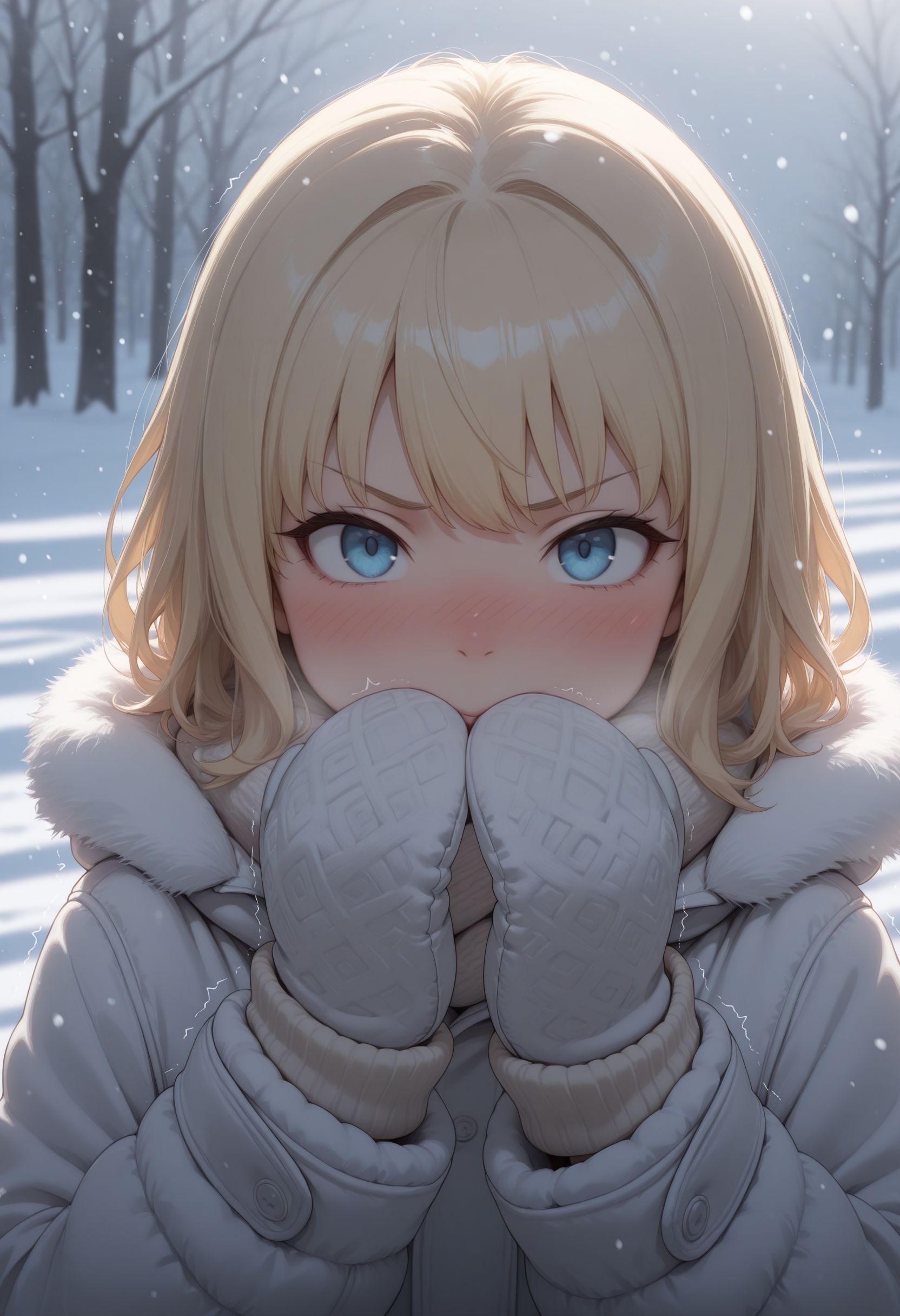 masterpiece,best quality,absurdres,highres,very aesthetic,high quality,detailed,insanely detailed,beautiful,perfect lighting, looking at viewer, 
<lora:Leivinia Birdway illu:1> 1girl, blonde hair, blue eyes, short hair,
winter clothes, snow, nose blush, snowing, blush, trembling, mittens, sneezing