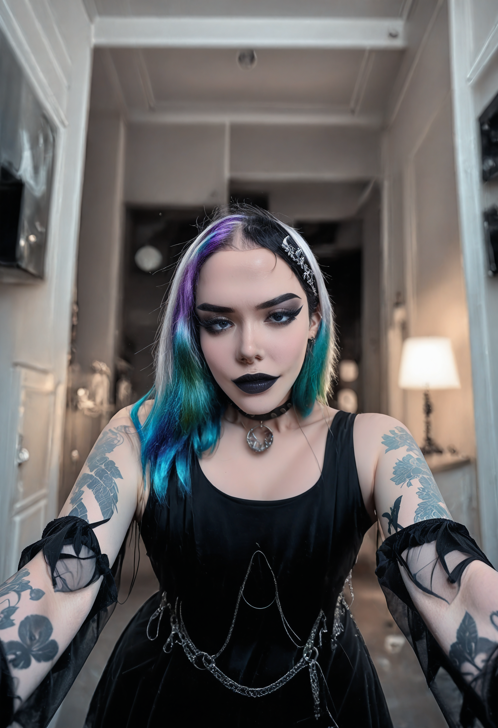 <lora:Thicc_Goth_Gf:1>photo  thicc goth gf, tattooed thick gothic woman, 1girl, black eyes, Iridescent rainbow hair, subsurface scathering, depth of field, skin pores, detailed skin, masterpiece, best quality, newest, absurdres, highres, feeling, impact, very awa, dim lighting, sidelighting, skindentation, amazing quality, scenery, very aesthetic, newest, volumetric lighting, blending, <lora:add-detail-xl:1> <lora:cfg_scale_boost:1> <lora:sdxl_enhance:1> <lora:spo_sdxl_10ep_4k-data_lora_webui:1>
