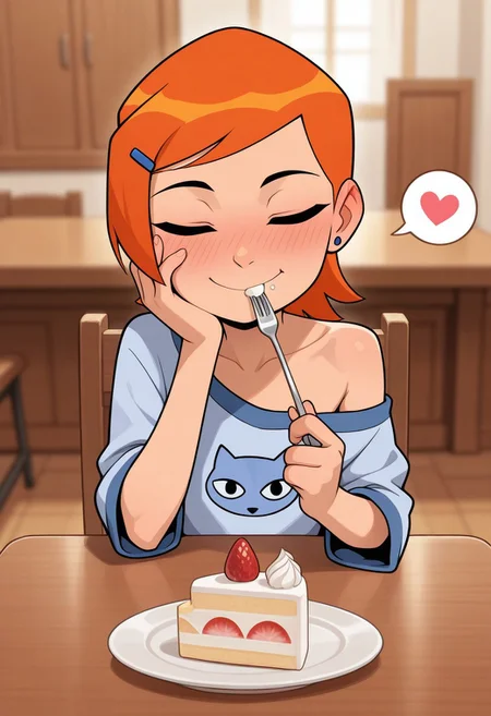masterpiece, best quality, amazing quality, very aesthetic, high resolution, ultra-detailed, absurdres, newest,
Gwendolyn_Tennyson,1girl, solo, blushing, on a date, beautiful, off shoulder, collarbone,
<lora:GwenTen-Illus-13:1>
indoor, depth of field, table, cake, sitting, chair, closed eyes, hand on own face, smile, holding fork, eating, spoken heart