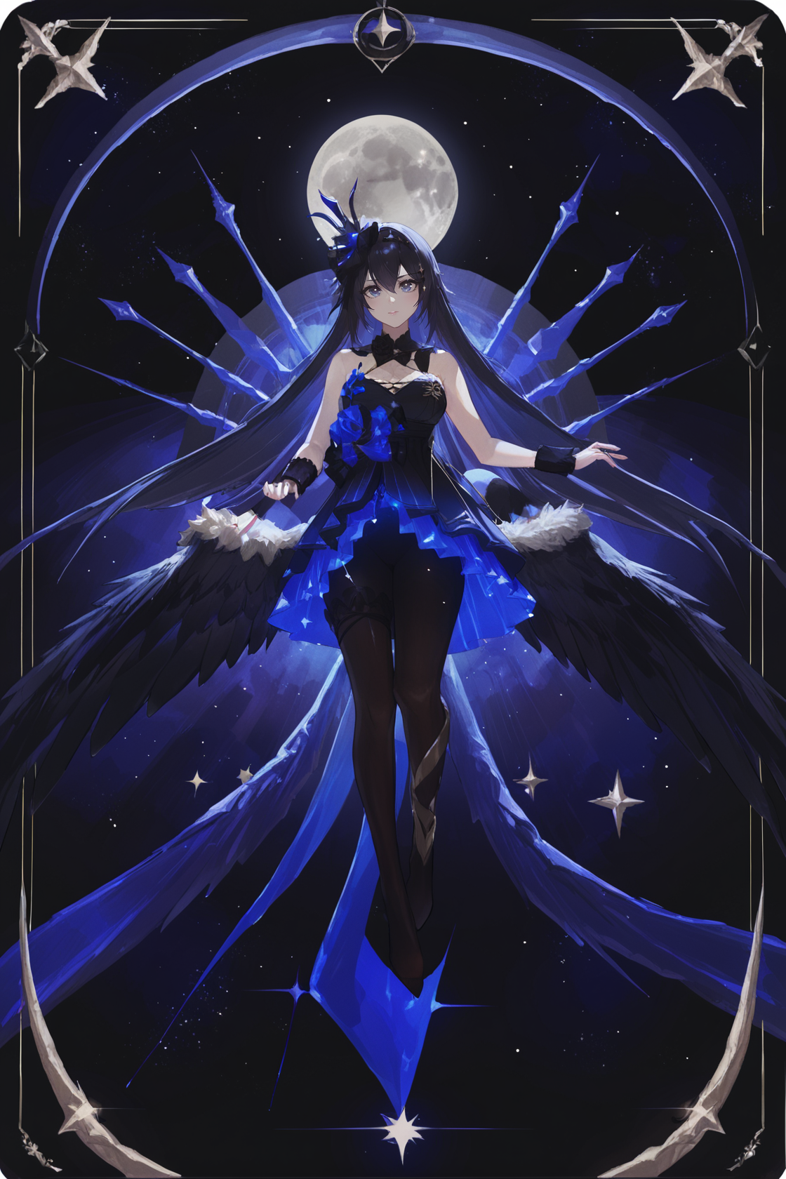 (by nanoless, by misumi \(macaroni\):0.25), 
original, normal_quality, (by xilmo, by modare, by reoen:1.1), (hyperrealistic:1.1), (high_contrast:1.1), (holy_(\theme\):1.2), (card_\(theme\):1.1), solo, long hair, fur trim, large breasts, (black-color-scheme:1.1), character card, abstract sun, moon and stars, thick line, 
<lora:xierssyy-atw-Tanger:0.7>, xier, yongye, second clothes, black sleeveless dress, black hair ornament, black low wings, 1girl, blue eyes, long hair, black hair, black pantyhose, bare shoulders, seele vollerei, bangs, floating, dynamic pose, 
<lora:neg101-000008:0.5>, murals, holy light, mural moon, simple black background, angels come, stars, card border, frame pattern,