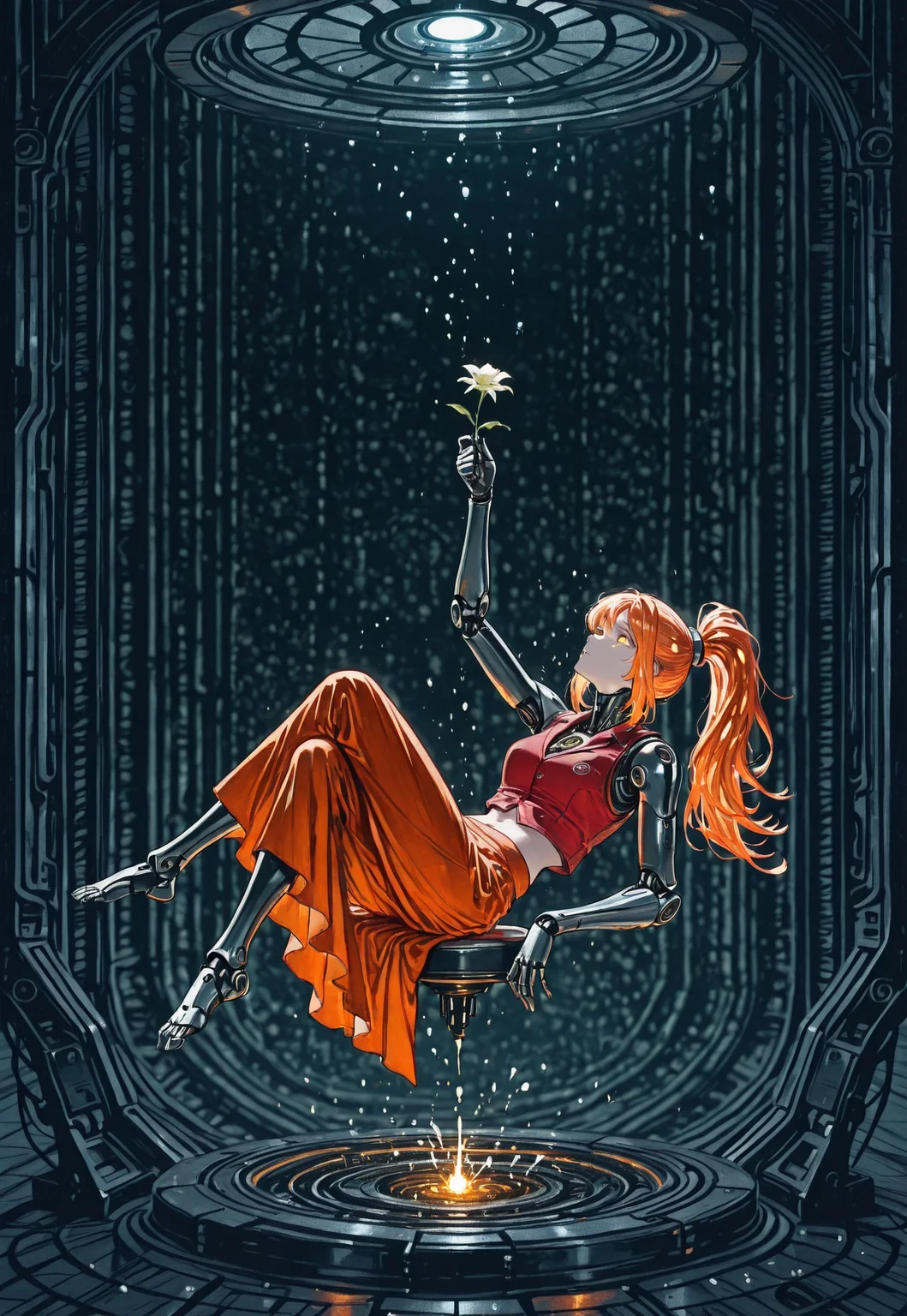masterpiece, best quality, amazing quality, very aesthetic, absurdres, newest, junw31_v1v1, nv-aperturetech,
BREAK,
1girl, solo, robot girl, pale face, glowing eyes, oversized yellow eyes, orange hair, high ponytail, bangs, cybernetic hair, robot hair, black metal arms, black metal legs, limb joints, robot limbs, red vest, sleeveless, midriff, orange skirt, white trimmed clothing, barefoot, holding flower, sitting, leaning back, looking up, side view, limp hand, hanging arm,
BREAK, indoors, dark background, unsettling textures, moist background, dim lighting, ominous mood, dark science fiction background, metal interior, dark metal textures, horror /(theme)/, particles, vfx, dynamic lighting, detailed background, depth of field, volumetric lighting, deep contrast, high contrast black, dramatic composition