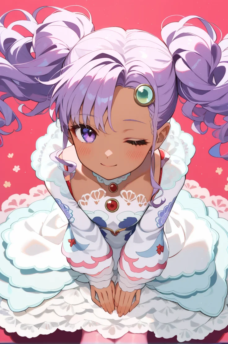 score_9, score_8_up, score_7_up, very aesthetic, source_anime, detailed,
simple background,
cowboy shot, close up,
sitting on ground, pov, from above, looking up, looking at viewer, closed eyes, light smile, blush,
<lora:meredyC_autismConfetti_v05:1>meredyceles, purple hair, twintails, purple eyes, dark skin, wavy hair, sidelocks, long hair,
white dress, long sleeves, pink pantyhose, (wide sleeves:0.5), layered dress,, zPDXL