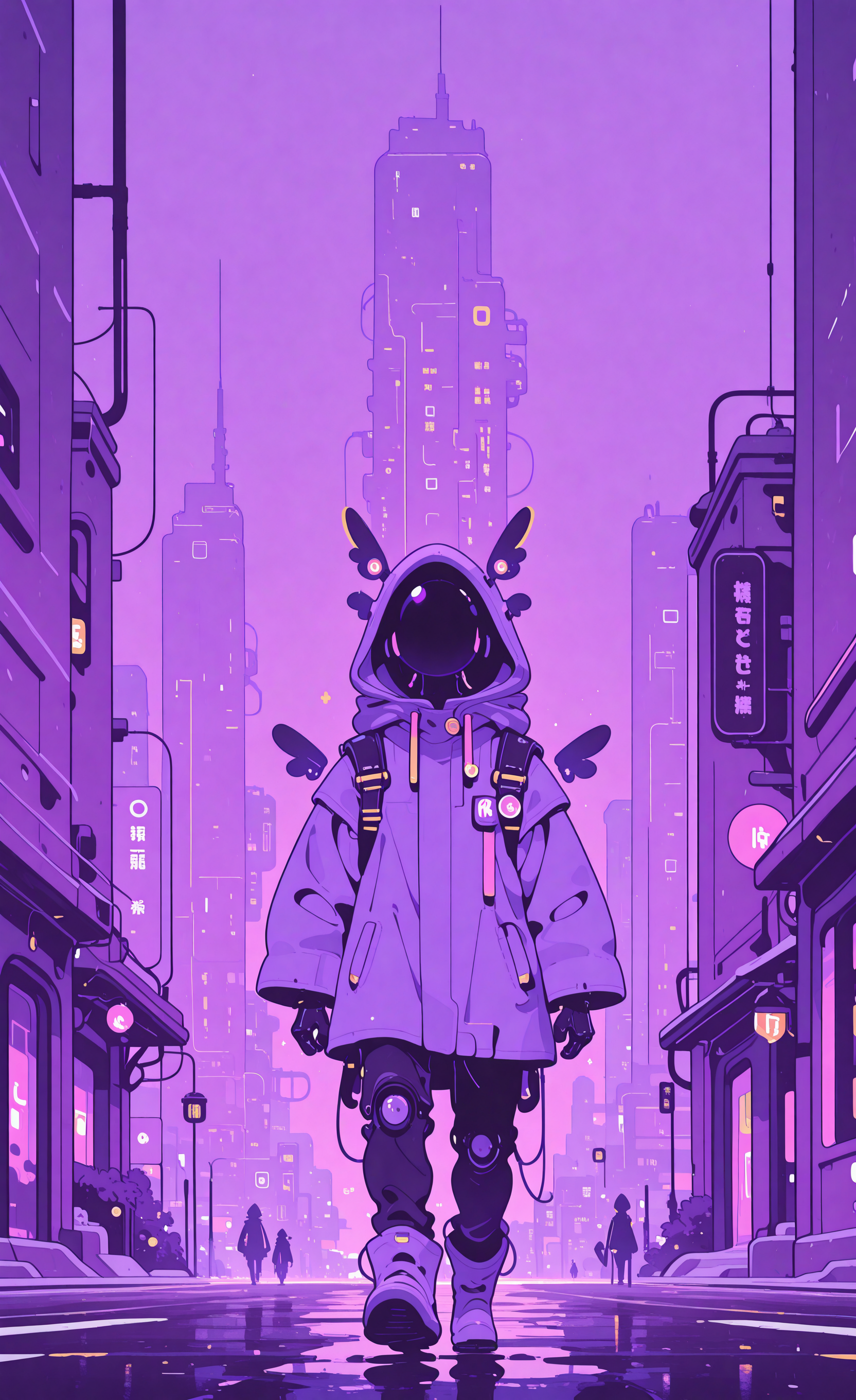 masterpiece,best quality,amazing quality, solo, 1boy, male focus, wings, hood, building, 1other, facing viewer, hood up, faceless, walking, city, purple theme, haiz_ai, in the style of cknc,
Flatline, Flat vector illustration <lora:ponyv6_noobE11_2_adamW-000017:0.3> <lora:checkpoint-e18_s306:1.5> <lora:ck-nc-cyberpunk-IL-000011:0.6> <lora:haiz_ai_illu:0.7>