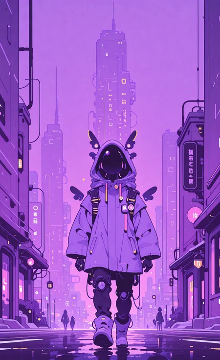 masterpiece,best quality,amazing quality, solo, 1boy, male focus, wings, hood, building, 1other, facing viewer, hood up, faceless, walking, city, purple theme, haiz_ai, in the style of cknc,
Flatline, Flat vector illustration <lora:ponyv6_noobE11_2_adamW-000017:0.3> <lora:checkpoint-e18_s306:1.5> <lora:ck-nc-cyberpunk-IL-000011:0.6> <lora:haiz_ai_illu:0.7>