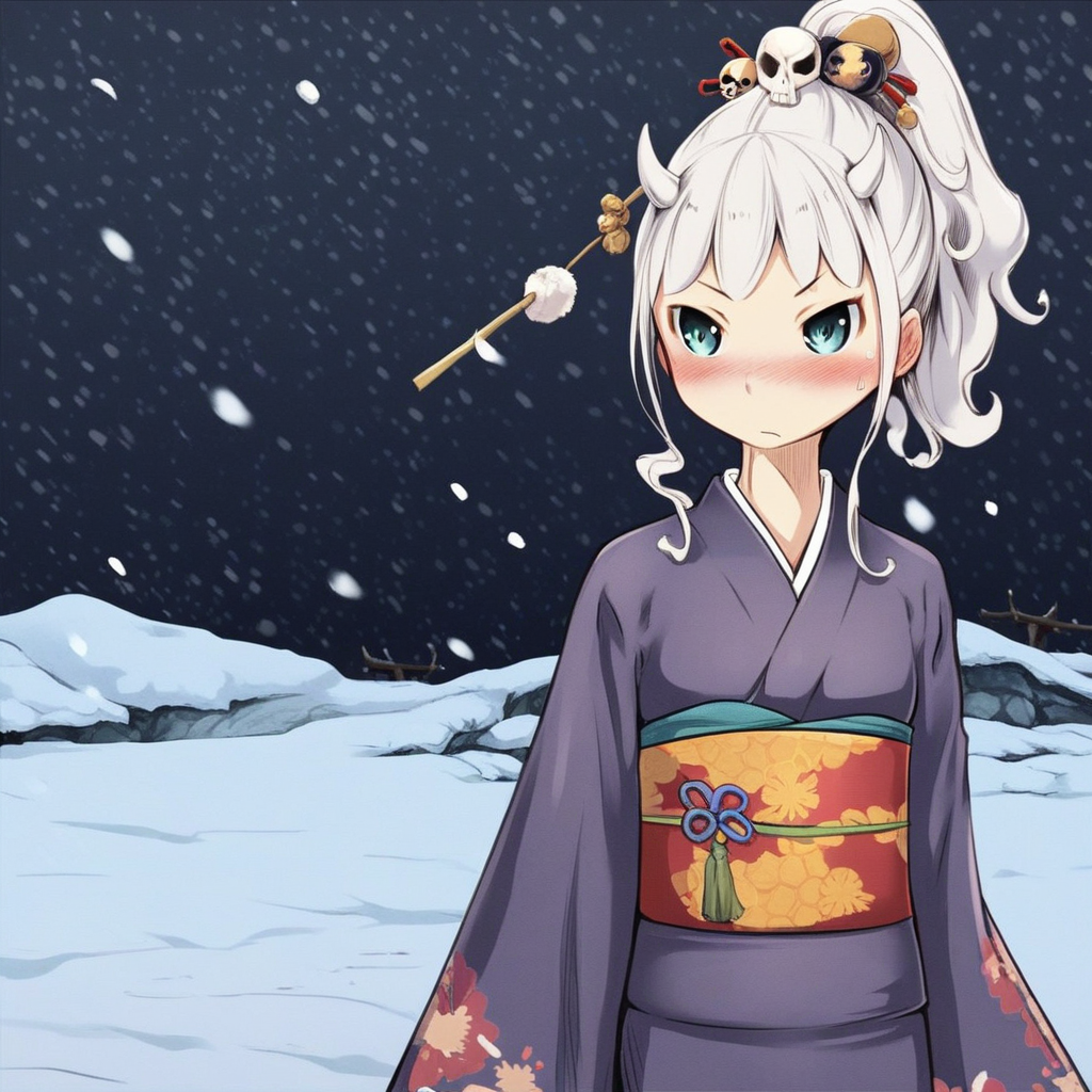 s0z0m4r0r31j1,score_9,score_8_up,score_7_up,score_6_up, solo, 1girl, adult, slim, white hair, ponytail, japanese clothes, horns, kimono, blush, obi, sash, hair ornament, skull hair ornament, japanese fectival, night, snow,