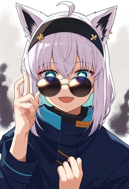 score_9, score_6_up, source_anime BREAK 1girl, solo, fubuki_relax, medium hair, sidelocks, black hairband, no pants, black jacket, open jacket, black t-shirt, white hair, ahoge, piercing, fox tail, smile, open mouth, standing, upper body, round sunglasses, muryokusho