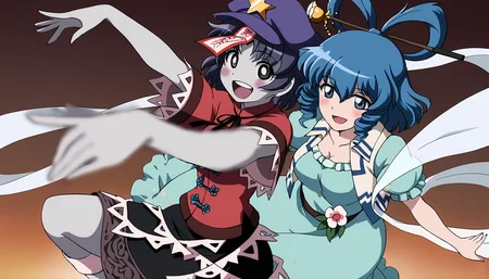 masterpiece,best quality,<lora:tgm-noob05:1>,anime coloring,
multiple girls,miyako yoshika,2girls,kaku seiga,open mouth,hair stick,hagoromo,ofuda,short sleeves,blue hair,red shirt,hair ornament,dress,hat,hair rings,star (symbol),blue dress,shawl,cabbie hat,blue eyes,vest,jiangshi,outstretched arms,ribbon,shirt,hat ornament,white vest,star hat ornament,short hair,black ribbon,skirt,black skirt,socks,bangs,neck ribbon,looking at viewer,zombie pose,puffy sleeves,smile,full body,puffy short sleeves,purple hair,chinese clothes,purple headwear,medium hair,blue headwear,blush,lace-trimmed sleeves,tangzhuang,bright pupils,collared vest,teeth,lace trim,hair between eyes,black eyes,breasts,drill locks,open clothes,:d,