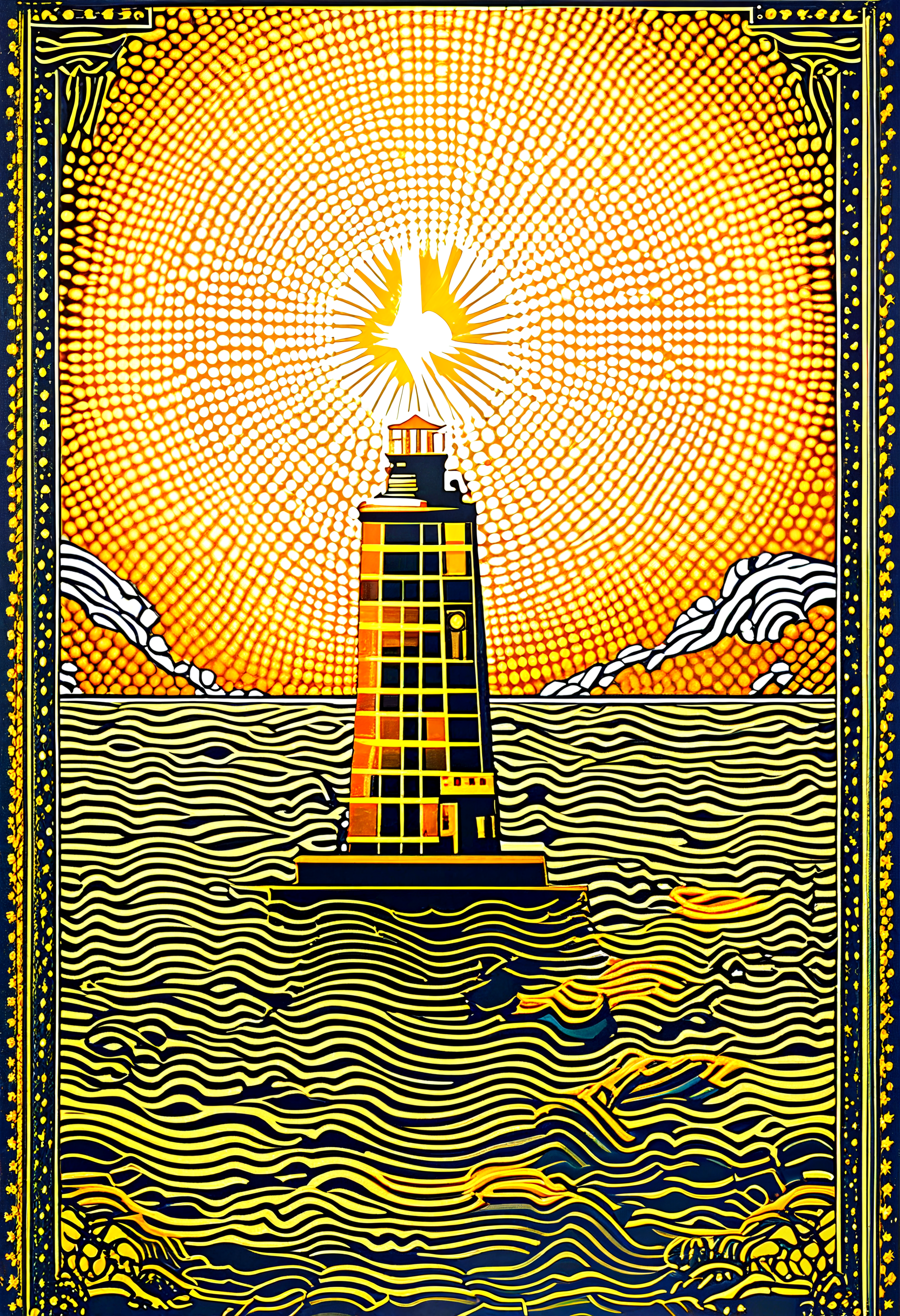 Pointillist style with small, distinct dots of color that blend together to form an image, very beautiful insanely detailed image of glowing seascape lighthouse in golden October". beautiful golden mountains, bright dark yellow ornate sun, by Victo_Ngai, Oleksandra Ekster, Malevich, Vladyslav Yerko and Alexander Jansson, Vladyslav Yerko! Very Complex perfect elegant composition! linen gesso acrylic paper, epic Dramatic lighting! Razor-sharp quality insanely detailed, deep colors realistic masterpiece, small dots, distinct, blend together, dotted, intricate, optical illusion, vibrant, detailed