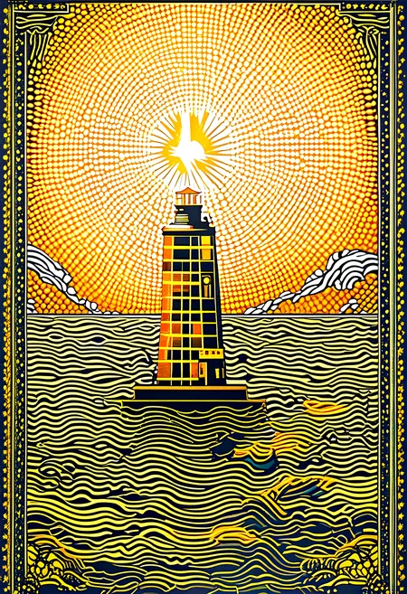 Pointillist style with small, distinct dots of color that blend together to form an image, very beautiful insanely detailed image of glowing seascape lighthouse in golden October". beautiful golden mountains, bright dark yellow ornate sun, by Victo_Ngai, Oleksandra Ekster, Malevich, Vladyslav Yerko and Alexander Jansson, Vladyslav Yerko! Very Complex perfect elegant composition! linen gesso acrylic paper, epic Dramatic lighting! Razor-sharp quality insanely detailed, deep colors realistic masterpiece, small dots, distinct, blend together, dotted, intricate, optical illusion, vibrant, detailed