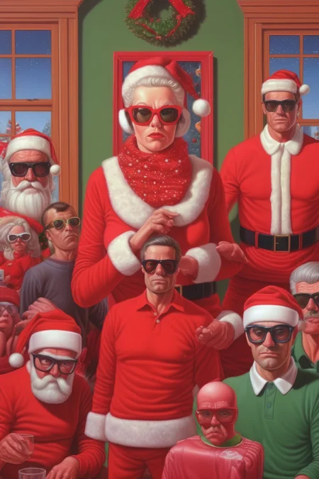 <lora:Alex Gross Style:1>Alex Gross Style - mamma natale, santa claus, elfi, al polo nord, davanti alla casa IN STILE alex gross