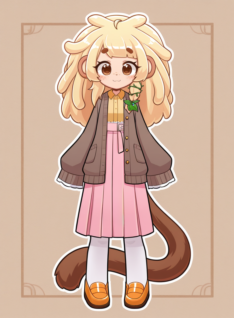 1girl, solo,  <lora:BananaJuju:0.8> bananajuju, blonde hair, brown eyes, freckles, monkey tail,
black open coat, overcoat, brown open cardigan, furry cardigan, sleeves past fingers, long sleeves, yellow collared shirt, frilled sleeves, pink hakama skirt, grey high-waist pantyhose, orange loafers, standing, tilted posture, energized smile, vigorous stance, action intensity,
 <lora:HowXu:1> howxu, extremely detailed, highres, masterpiece, best quality