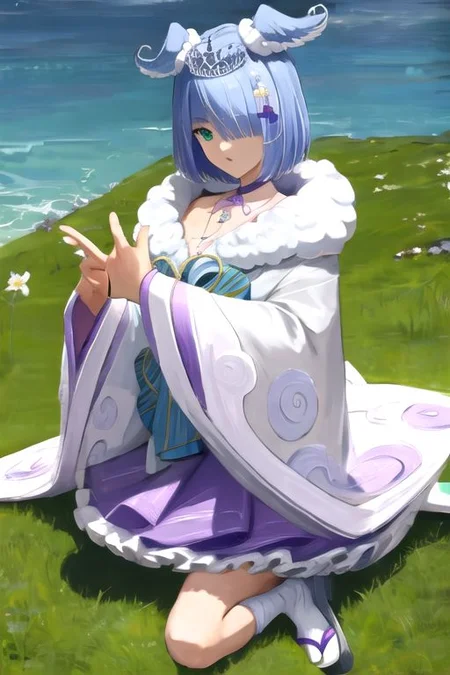 solo, 1girl, solo_focus, (((masterpiece))), ((best quality)), ((ultra-detailed)), high resolution, absurdres, highres, ultra-detailed 8k unity wallpaper,
elira2st, tiara, japanese clothes, grey kimono, wide sleeves, single thighhigh, purple skirt, off shoulder, necklace, fur trim, thigh strap, tabi, sandals, purple nails